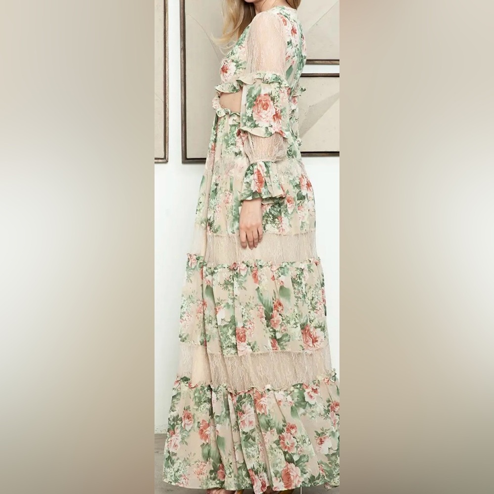 Floral Maxi Tiered Boho Dress.Cut Out & Ruffle/Lace Long Sleeves.NWT - Host Pick - Picture 5 of 13